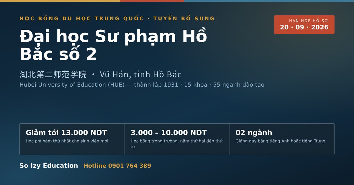 Học bổng Đại học Sư phạm Hồ Bắc số 2 — hạn nộp hồ sơ 20/9/2026