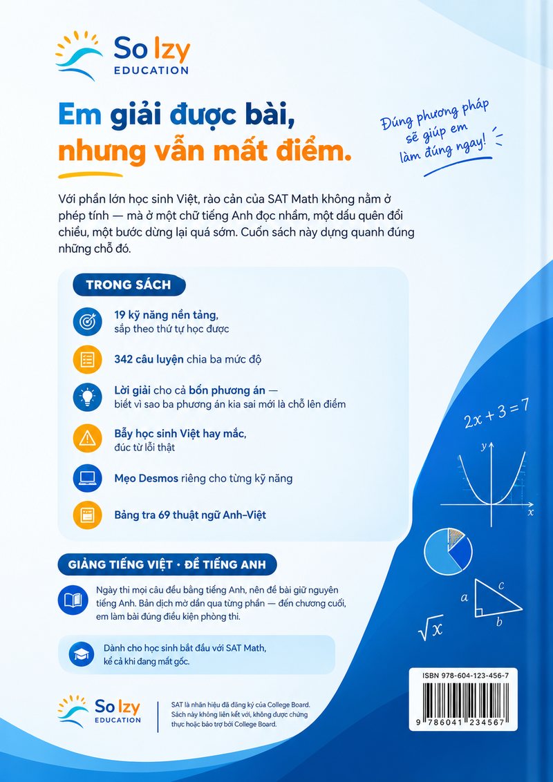 Bìa sau sách SAT Math Nền tảng, liệt kê nội dung bên trong